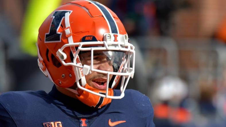 Nov 5, 2022; Champaign, Illinois, USA;  Illinois Fighting Illini running back Chase Brown (2) during the first half against the Michigan State Spartans at Memorial Stadium.  Mandatory Credit: Ron Johnson-USA TODAY Sports