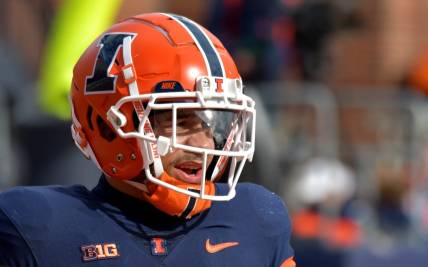 Nov 5, 2022; Champaign, Illinois, USA;  Illinois Fighting Illini running back Chase Brown (2) during the first half against the Michigan State Spartans at Memorial Stadium.  Mandatory Credit: Ron Johnson-USA TODAY Sports
