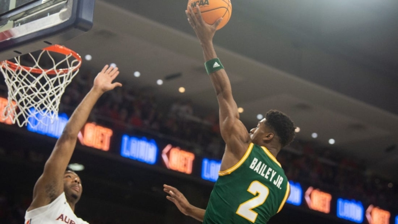 George Mason Patriots guard Victor Bailey Jr. (2) goes up for a layup as Auburn Tigers take on George Mason Patriots at Neville Arena in Auburn, Ala., on Monday, Nov. 7, 2022.