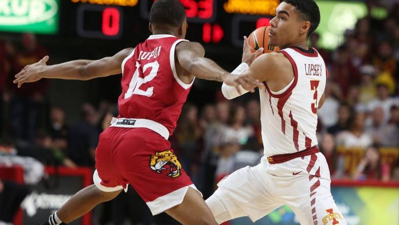 Iowa State University Cyclones guard Tamin Lipsey (3) drives with the ball around IUPUI Jaguars guard Armon Jarrard (12) during the first half in the season opening home game at Hilton Coliseum Monday, Nov. 7, 2022, in Ames, Iowa.  Photo by Nirmalendu Majumdar/Ames Tribune

Ncaa Men S Basketball