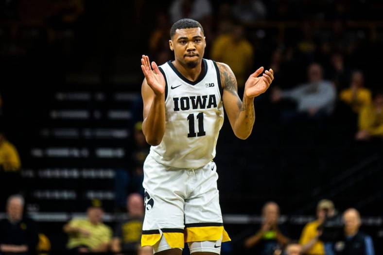 Iowa guard Tony Perkins (11) reacts after a basket during a NCAA men's basketball game against Bethune-Cookman, Monday, Nov. 7, 2022, at Carver-Hawkeye Arena in Iowa City, Iowa.

221107 Bethune Cookman Iowa Mbb 039 Jpg