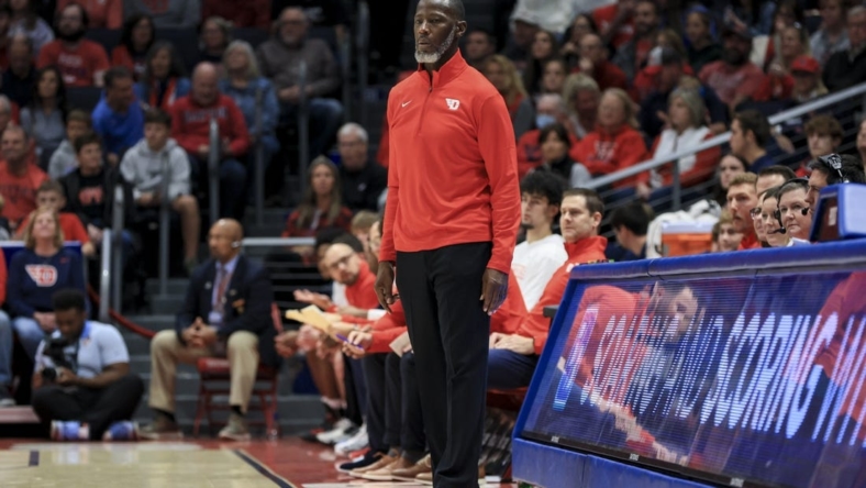 Nov 7, 2022; Dayton, Ohio, USA;  Dayton Flyers head coach Anthony Grant works the sideline in the game against the Lindenwood Lions in the first half at University of Dayton Arena. Mandatory Credit: Aaron Doster-USA TODAY Sports