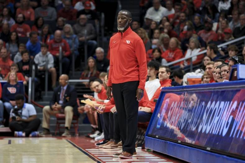 Nov 7, 2022; Dayton, Ohio, USA;  Dayton Flyers head coach Anthony Grant works the sideline in the game against the Lindenwood Lions in the first half at University of Dayton Arena. Mandatory Credit: Aaron Doster-USA TODAY Sports