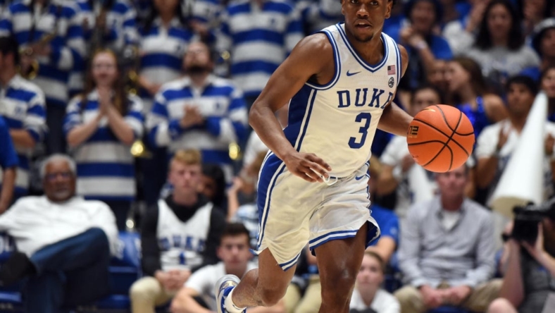 Nov 7, 2022; Durham, North Carolina, USA; Duke Blue Devils guard Jeremy Roach (3) dribbles up court during the second half against the Jacksonville Dolphins at Cameron Indoor Stadium. The Blue Devils won 71-44.  Mandatory Credit: Rob Kinnan-USA TODAY Sports