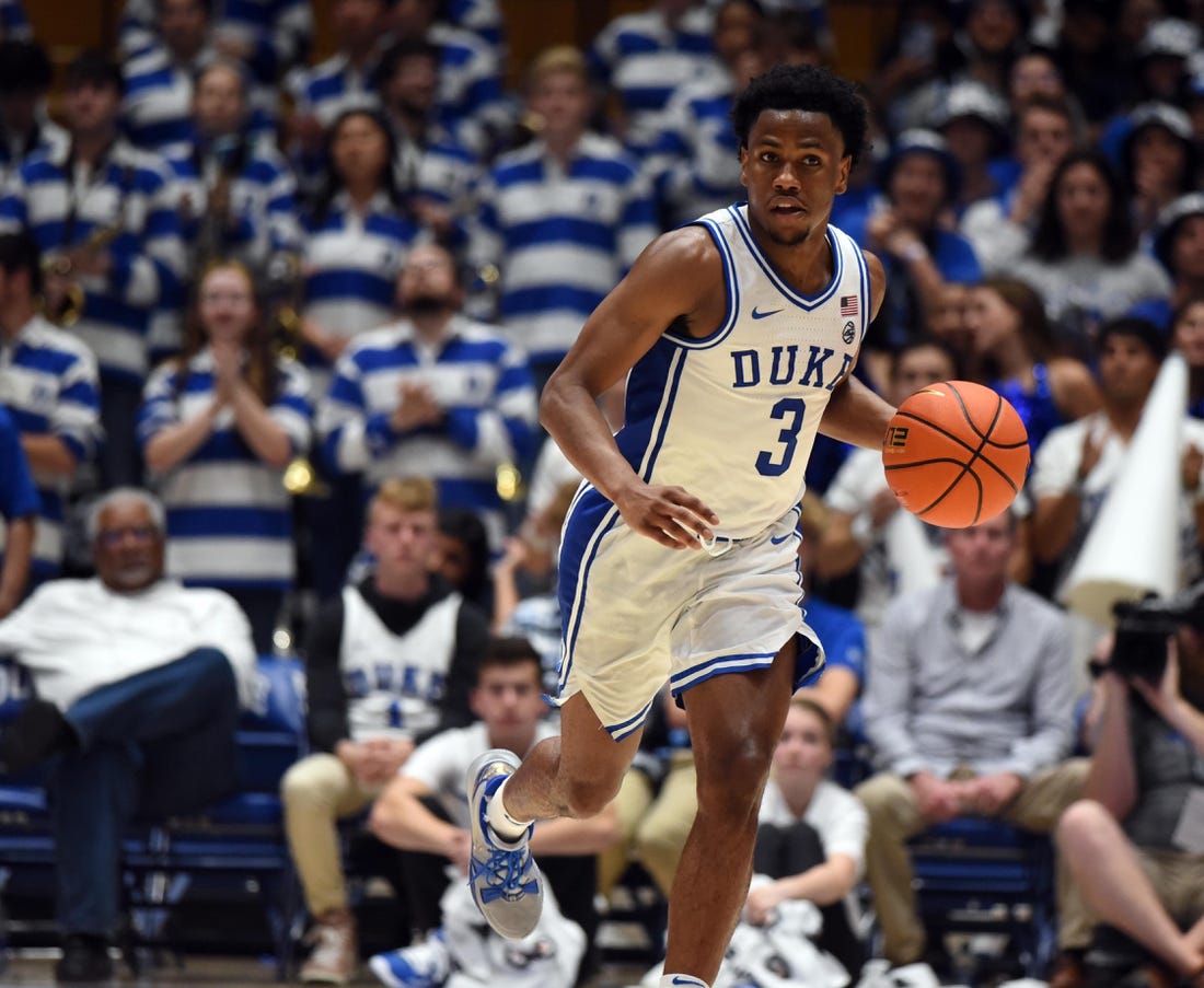 Nov 7, 2022; Durham, North Carolina, USA; Duke Blue Devils guard Jeremy Roach (3) dribbles up court during the second half against the Jacksonville Dolphins at Cameron Indoor Stadium. The Blue Devils won 71-44.  Mandatory Credit: Rob Kinnan-USA TODAY Sports