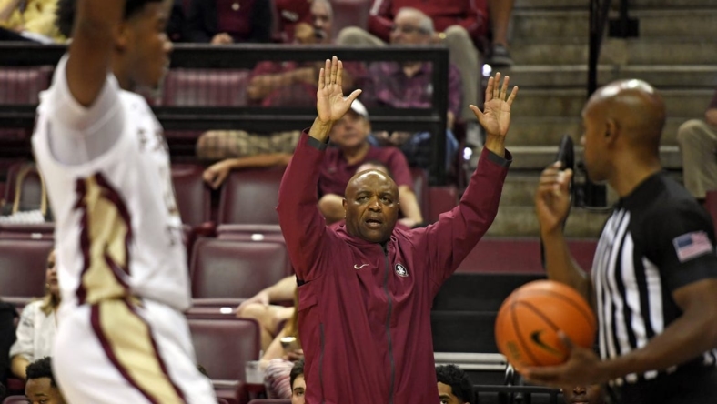 Nov 7, 2022; Tallahassee, Florida, USA; Florida State Seminoles head coach Leonard Hamilton during the first half against the Stetson Hatters at Donald L. Tucker Center. Mandatory Credit: Melina Myers-USA TODAY Sports