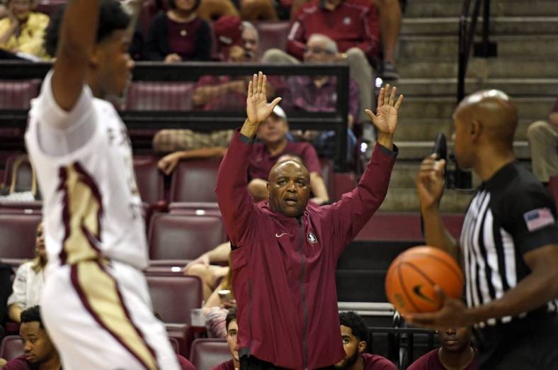 Nov 7, 2022; Tallahassee, Florida, USA; Florida State Seminoles head coach Leonard Hamilton during the first half against the Stetson Hatters at Donald L. Tucker Center. Mandatory Credit: Melina Myers-USA TODAY Sports