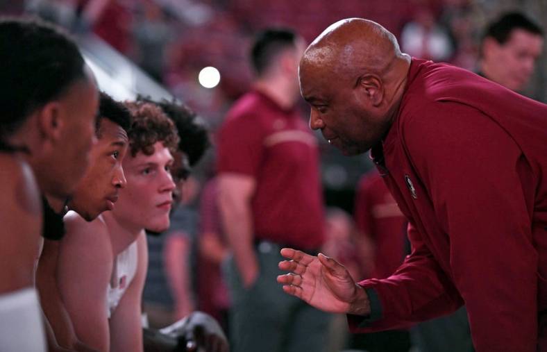 Nov 7, 2022; Tallahassee, Florida, USA; Florida State Seminoles head coach Leonard Hamilton with his starting five before the game against the Stetson Hatters at Donald L. Tucker Center. Mandatory Credit: Melina Myers-USA TODAY Sports