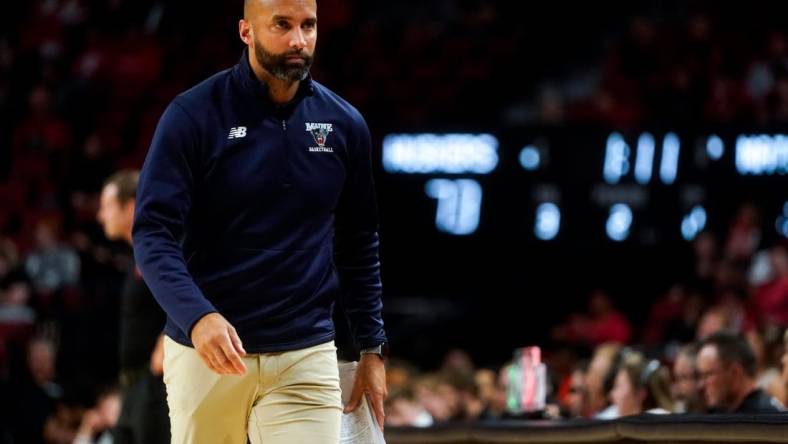 Nov 7, 2022; Lincoln, Nebraska, USA; Maine Black Bears head coach Chris Markwood walks along the bench during the second half against the Nebraska Cornhuskers at Pinnacle Bank Arena. Mandatory Credit: Dylan Widger-USA TODAY Sports