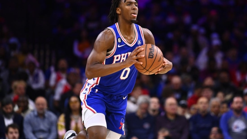 Nov 7, 2022; Philadelphia, Pennsylvania, USA; Philadelphia 76ers guard Tyrese Maxey (0) passes the ball against the Phoenix Suns in the first quarter at Wells Fargo Center. Mandatory Credit: Kyle Ross-USA TODAY Sports