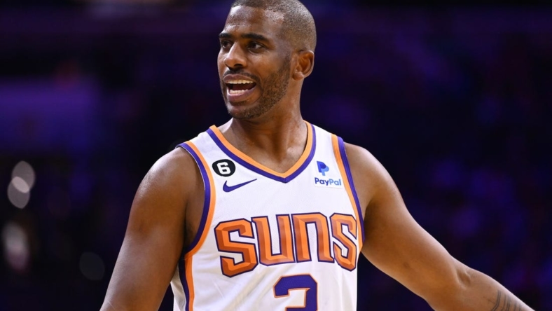 Nov 7, 2022; Philadelphia, Pennsylvania, USA; Phoenix Suns guard Chris Paul (3) reacts against the Philadelphia 76ers in the first quarter  at Wells Fargo Center. Mandatory Credit: Kyle Ross-USA TODAY Sports