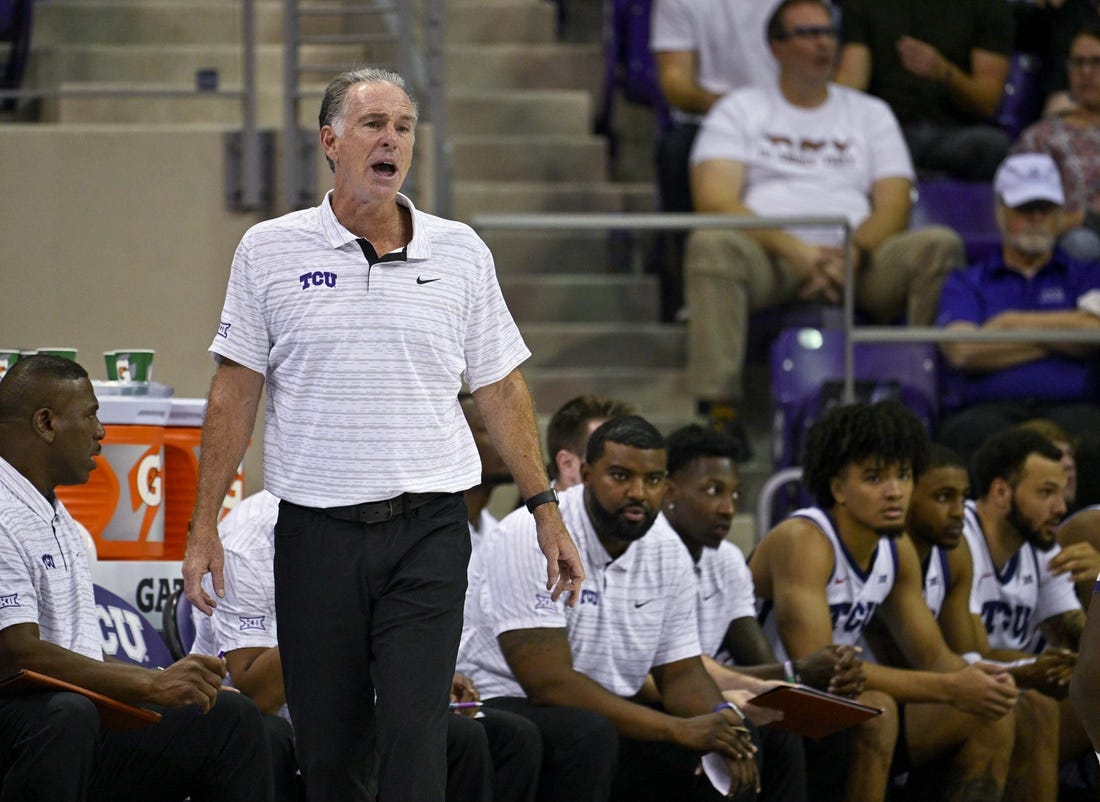 Nov 7, 2022; Fort Worth, Texas, USA; TCU Horned Frogs head coach Jamie Dixon yells to his team during the second half against the Arkansas-Pine Bluff Golden Lions at Ed and Rae Schollmaier Arena. Mandatory Credit: Jerome Miron-USA TODAY Sports