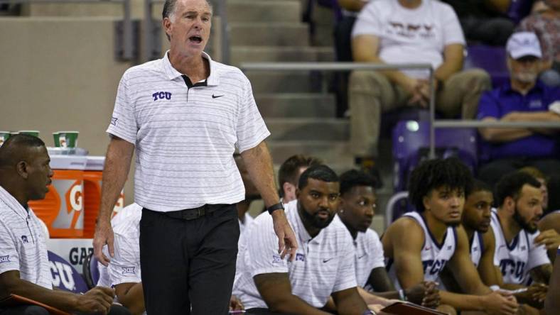 Nov 7, 2022; Fort Worth, Texas, USA; TCU Horned Frogs head coach Jamie Dixon yells to his team during the second half against the Arkansas-Pine Bluff Golden Lions at Ed and Rae Schollmaier Arena. Mandatory Credit: Jerome Miron-USA TODAY Sports