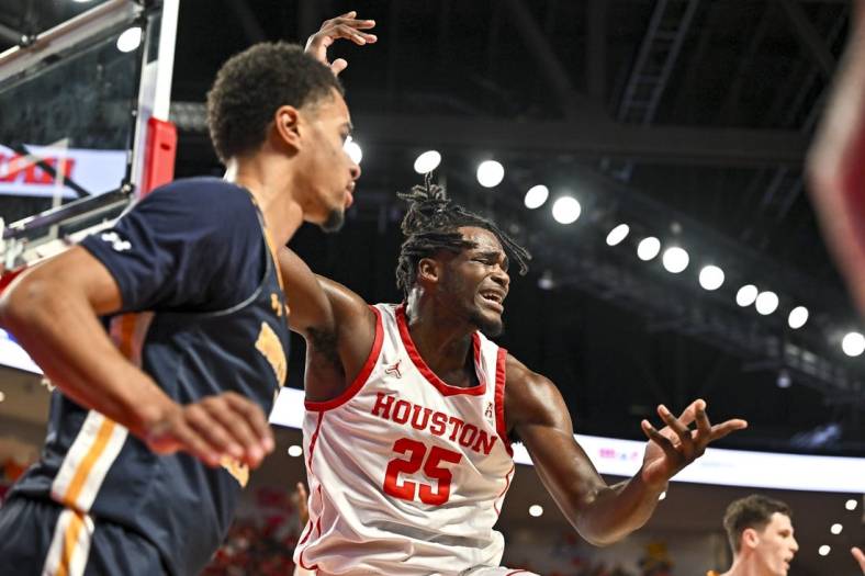 Nov 7, 2022; Houston, Texas, USA; Houston Cougars forward Jarace Walker (25) reacts during the first half against the Northern Colorado Bears at Fertitta Center. Mandatory Credit: Maria Lysaker-USA TODAY Sports