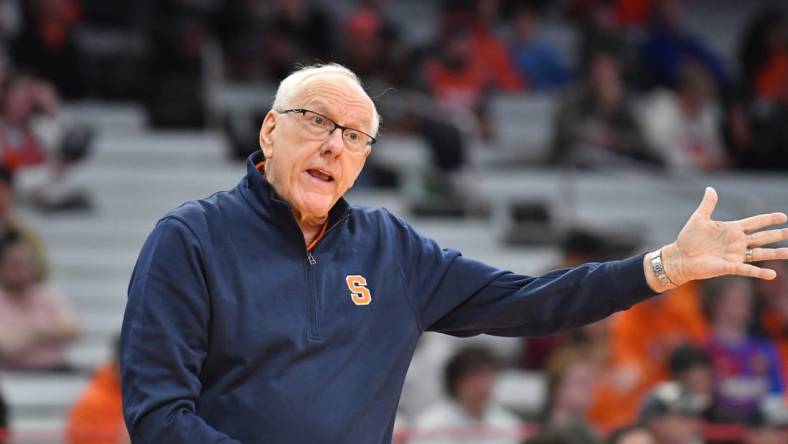 Nov 7, 2022; Syracuse, New York, USA; Syracuse Orange head coach Jim Boeheim reacts to a play in the second half against the Lehigh Mountain Hawks at JMA Wireless Dome. Mandatory Credit: Mark Konezny-USA TODAY Sports