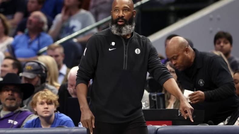 Nov 7, 2022; Dallas, Texas, USA;  Brooklyn Nets interim head coach Jacque Vaughn during the first quarter against the Dallas Mavericks at American Airlines Center. Mandatory Credit: Kevin Jairaj-USA TODAY Sports