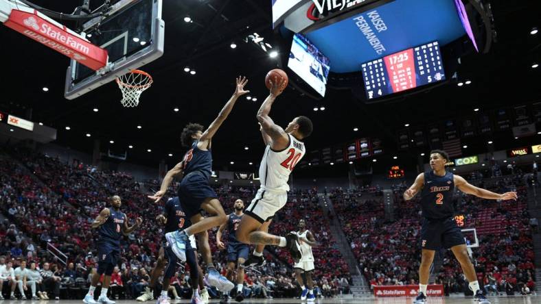 Nov 7, 2022; San Diego, California, USA; San Diego State Aztecs guard Matt Bradley (20) shoots the ball over Cal State Fullerton Titans guard Tory San Antonio (23) during the first half at Viejas Arena. Mandatory Credit: Orlando Ramirez-USA TODAY Sports