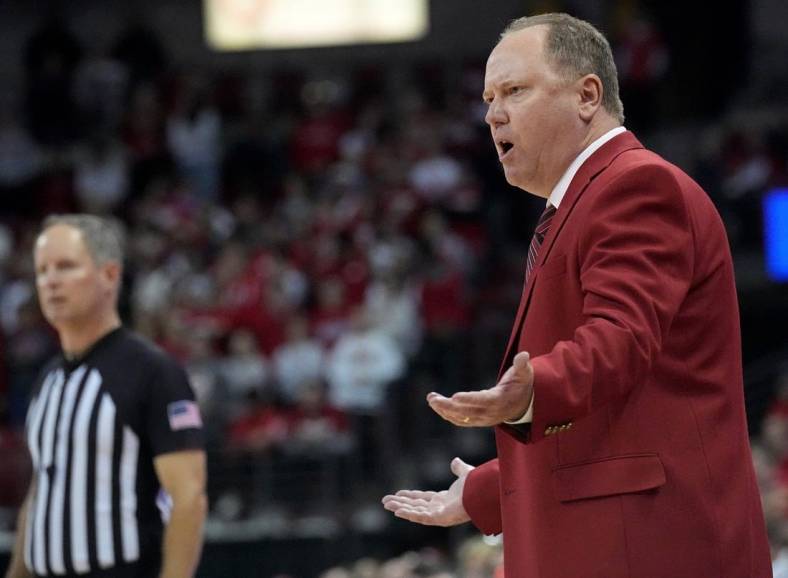 Nov 7, 2022; Madison, WI, USA; Wisconsin head coach Greg Gard is shown during the second half of their game  Monday, November 7, 2022 at the Kohl Center in Madison, Wis. Wisconsin beat South Dakota 85-59. Mandatory Credit: Mark Hoffman-USA TODAY Sports