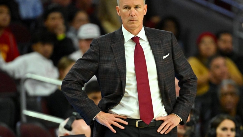 Nov 7, 2022; Los Angeles, California, USA; USC Trojans head coach Andy Enfield watches play from the bench in the second half against the Florida Gulf Coast Eagles at Galen Center. Mandatory Credit: Jayne Kamin-Oncea-USA TODAY Sports