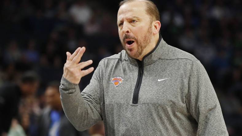 Nov 7, 2022; Minneapolis, Minnesota, USA; New York Knicks head coach Tom Thibodeau reacts to a call that favored the Minnesota Timberwolves in the third quarter at Target Center. Mandatory Credit: Bruce Kluckhohn-USA TODAY Sports