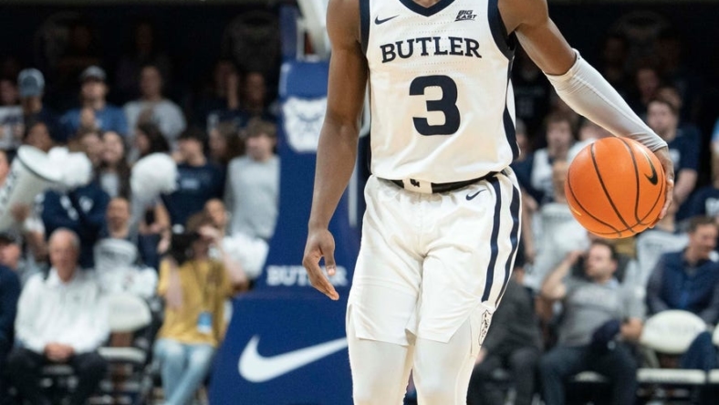 Butler Bulldogs guard Chuck Harris (3) takes the ball up the court Monday, Nov. 7, 2022, at Hinkle Fieldhouse in Indianapolis.

Butler 11072022 Af015
