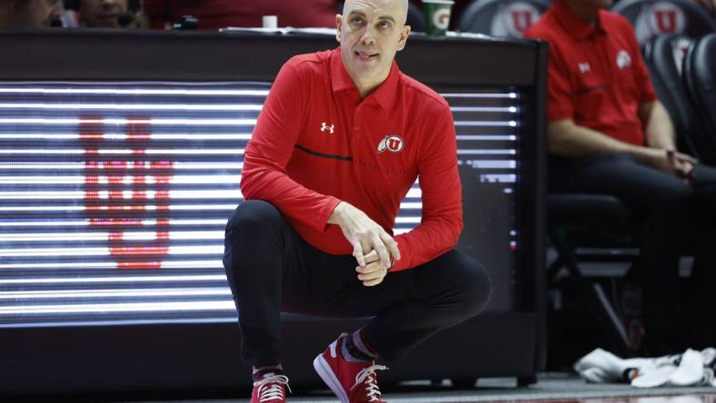 Nov 7, 2022; Salt Lake City, Utah, USA;  Utah Utes head basketball coach Craig Smith keeps an eye on the action against the LIU Sharks at Jon M. Huntsman Center. Mandatory Credit: Jeffrey Swinger-USA TODAY Sports