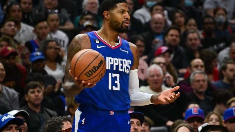 Nov 7, 2022; Los Angeles, California, USA; Los Angeles Clippers guard Paul George (13) in the second quarter against the Cleveland Cavaliers at Crypto.com Arena. Mandatory Credit: Richard Mackson-USA TODAY Sports