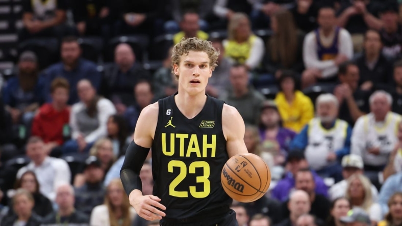 Nov 7, 2022; Salt Lake City, Utah, USA; Utah Jazz forward Lauri Markkanen (23) brings the ball up the court in the first half against the Los Angeles Lakers at Vivint Arena. Mandatory Credit: Rob Gray-USA TODAY Sports