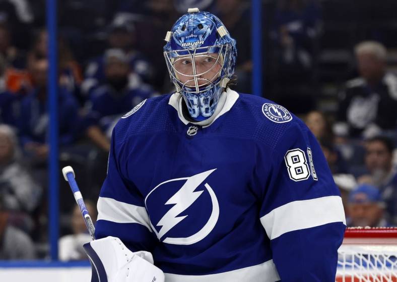 Nov 8, 2022; Tampa, Florida, USA; Tampa Bay Lightning goaltender Andrei Vasilevskiy (88) looks on against the Edmonton Oilers during the second period at Amalie Arena. Mandatory Credit: Kim Klement-USA TODAY Sports