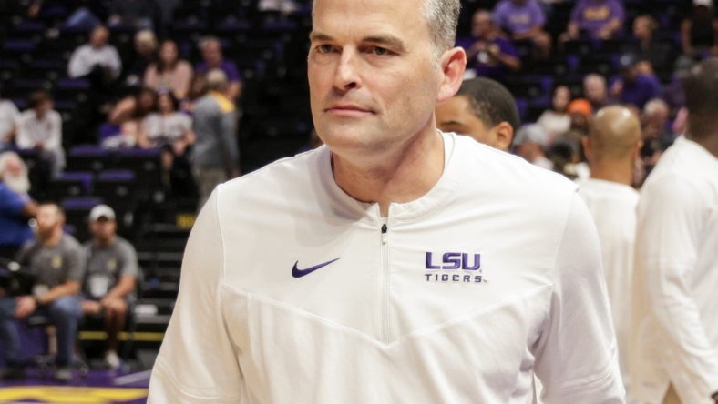 Nov 9, 2022; Baton Rouge, Louisiana, USA; LSU Tigers head coach Matt McMahon walks on the court during the first half against the UMKC Kangaroos at Pete Maravich Assembly Center. Mandatory Credit: Stephen Lew-USA TODAY Sports