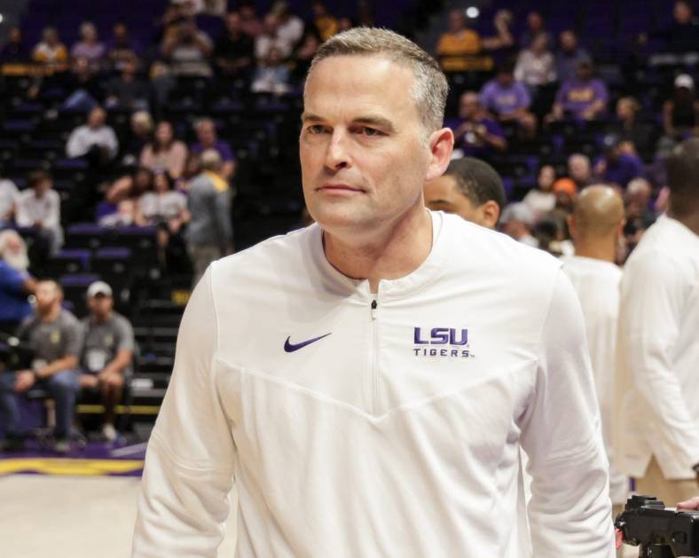 Nov 9, 2022; Baton Rouge, Louisiana, USA; LSU Tigers head coach Matt McMahon walks on the court during the first half against the UMKC Kangaroos at Pete Maravich Assembly Center. Mandatory Credit: Stephen Lew-USA TODAY Sports
