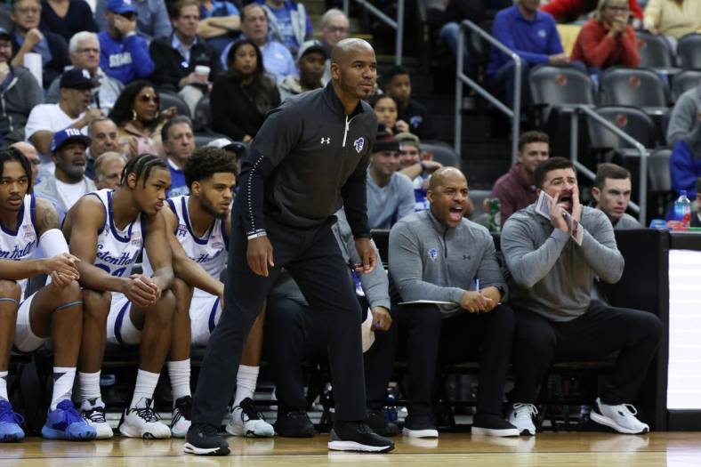 Nov 9, 2022; Newark, New Jersey, USA; Seton Hall Pirates head coach Shaheen Holloway looks on during the first half against the Monmouth Hawks at Prudential Center. Mandatory Credit: Vincent Carchietta-USA TODAY Sports