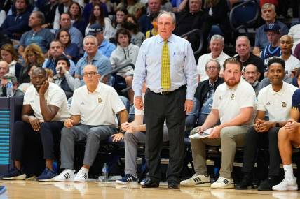 Nov 7, 2022; Villanova, Pennsylvania, USA;  La Salle Explorers head coach Fran Dunphy looks on from the bench during the second half against the Villanova Wildcats at William B. Finneran Pavilion. Mandatory Credit: Gregory Fisher-USA TODAY Sports