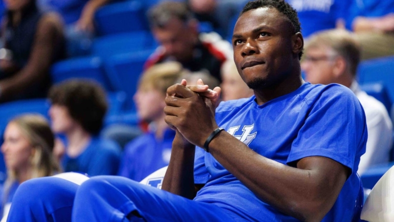 Nov 7, 2022; Lexington, Kentucky, USA; Kentucky Wildcats forward Oscar Tshiebwe sits on the bench during the second half against the Howard Bison at Rupp Arena at Central Bank Center. Mandatory Credit: Jordan Prather-USA TODAY Sports