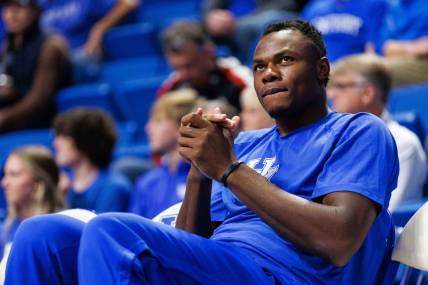 Nov 7, 2022; Lexington, Kentucky, USA; Kentucky Wildcats forward Oscar Tshiebwe sits on the bench during the second half against the Howard Bison at Rupp Arena at Central Bank Center. Mandatory Credit: Jordan Prather-USA TODAY Sports
