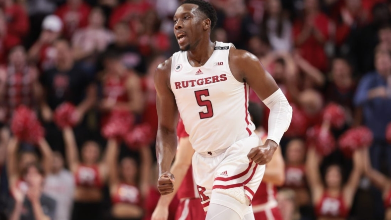 Nov 10, 2022; Piscataway, New Jersey, USA; Rutgers Scarlet Knights forward Aundre Hyatt (5) reacts after a three-point basket during the first half against the Sacred Heart Pioneers at Jersey Mike's Arena. Mandatory Credit: Vincent Carchietta-USA TODAY Sports
