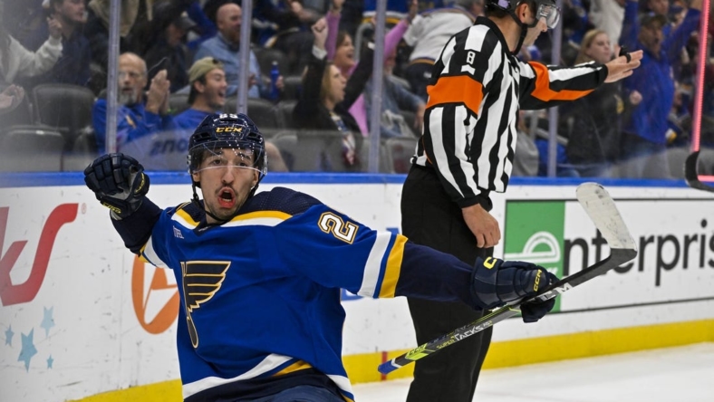 Nov 10, 2022; St. Louis, Missouri, USA;  St. Louis Blues center Jordan Kyrou (25) reacts after scoring against the San Jose Sharks during the second period at Enterprise Center. Mandatory Credit: Jeff Curry-USA TODAY Sports