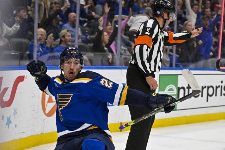 Nov 10, 2022; St. Louis, Missouri, USA;  St. Louis Blues center Jordan Kyrou (25) reacts after scoring against the San Jose Sharks during the second period at Enterprise Center. Mandatory Credit: Jeff Curry-USA TODAY Sports