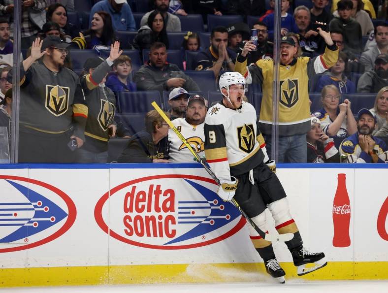 Nov 10, 2022; Buffalo, New York, USA;  Vegas Golden Knights center Jack Eichel (9) celebrates his second goal of the game during the third period against the Buffalo Sabres at KeyBank Center. Mandatory Credit: Timothy T. Ludwig-USA TODAY Sports