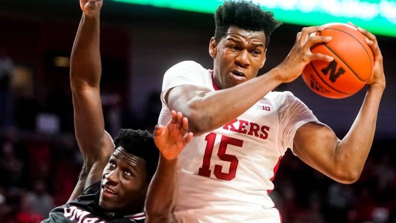 Nov 10, 2022; Lincoln, Nebraska, USA; Nebraska Cornhuskers forward Blaise Keita (15) grabs a rebound against Nebraska-Omaha Mavericks guard Ja'Sean Glover (5) during the second half at Pinnacle Bank Arena. Mandatory Credit: Dylan Widger-USA TODAY Sports