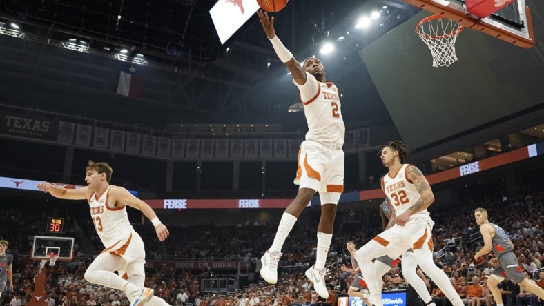 Nov 10, 2022; Austin, Texas, USA; Texas Longhorns guard Arterio Morris (2) reaches for a rebound during the first half against the Houston Christian Huskies at Moody Center. Mandatory Credit: Scott Wachter-USA TODAY Sports