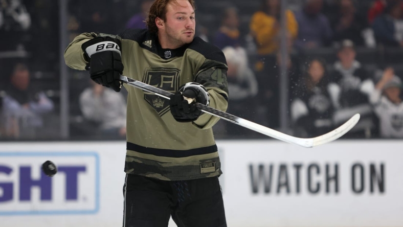 Nov 10, 2022; Los Angeles, California, USA; Los Angeles Kings left wing Brendan Lemieux (48) warms up before the game against the Chicago Blackhawks at Crypto.com Arena. Mandatory Credit: Kiyoshi Mio-USA TODAY Sports