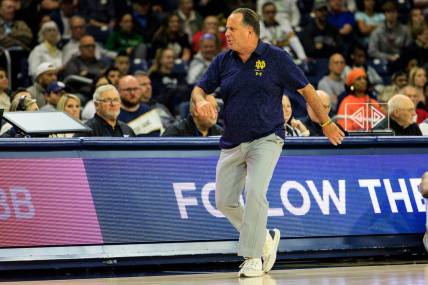 Notre Dame head coach Mike Brey reacts to a call on the sidelines during the Radford-Notre Dame NCAA Men   s basketball game on Thursday, November 10, 2022, at Purcell Pavilion in South Bend, Indiana.

Radford Vs Notre Dame