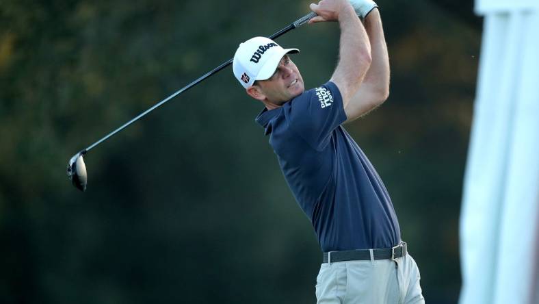 Nov 11, 2022; Houston, Texas, USA; Brendan Steele takes a tee shot on the first hole during the second round of the Cadence Bank Houston Open golf tournament. Mandatory Credit: Erik Williams-USA TODAY Sports