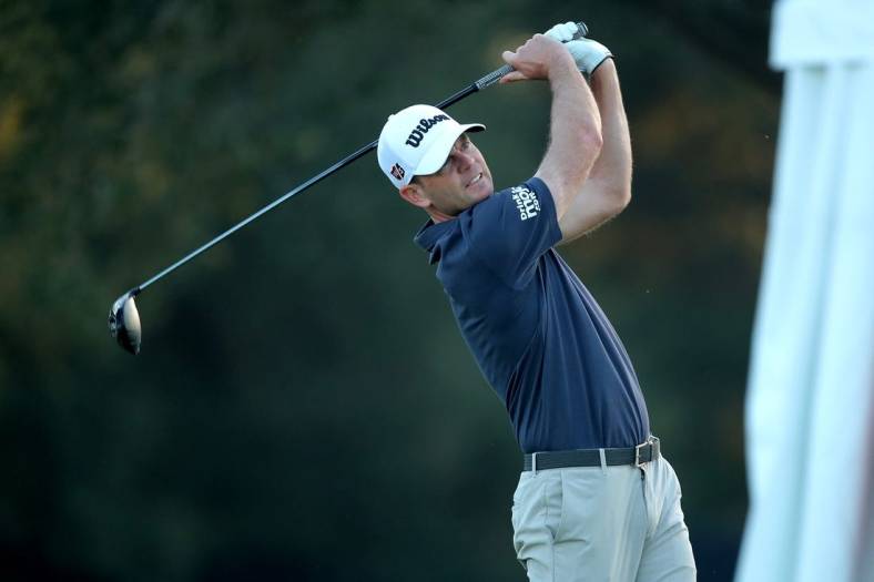 Nov 11, 2022; Houston, Texas, USA; Brendan Steele takes a tee shot on the first hole during the second round of the Cadence Bank Houston Open golf tournament. Mandatory Credit: Erik Williams-USA TODAY Sports