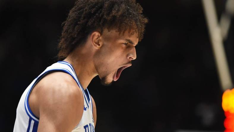 Nov 11, 2022; Durham, North Carolina, USA; Duke Blue Devils center Dereck Lively (1) reacts during the first half against the South Carolina Upstate Spartans at Cameron Indoor Stadium. Mandatory Credit: Rob Kinnan-USA TODAY Sports