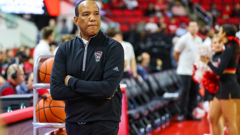 Nov 11, 2022; Raleigh, North Carolina, USA; North Carolina State Wolfpack head coach Kevin Keatts watches his team before the game against the Campbell Fighting Camels at PNC Arena. Mandatory Credit: Jaylynn Nash-USA TODAY Sports