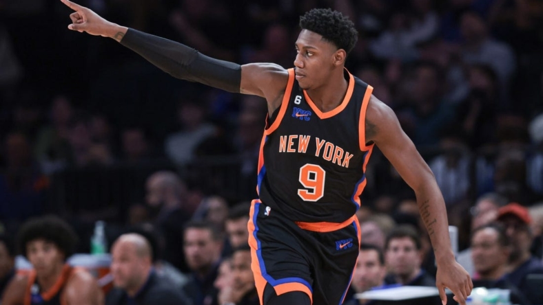Nov 11, 2022; New York, New York, USA; New York Knicks guard RJ Barrett (9) reacts after making a basket against the Detroit Pistons during the first half at Madison Square Garden. Mandatory Credit: Vincent Carchietta-USA TODAY Sports
