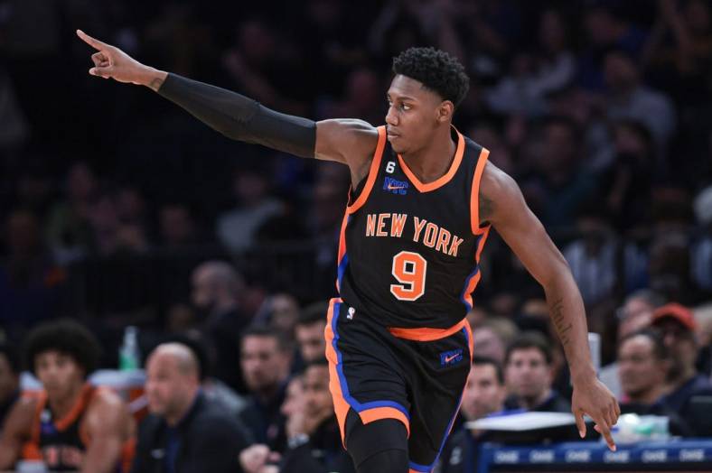 Nov 11, 2022; New York, New York, USA; New York Knicks guard RJ Barrett (9) reacts after making a basket against the Detroit Pistons during the first half at Madison Square Garden. Mandatory Credit: Vincent Carchietta-USA TODAY Sports