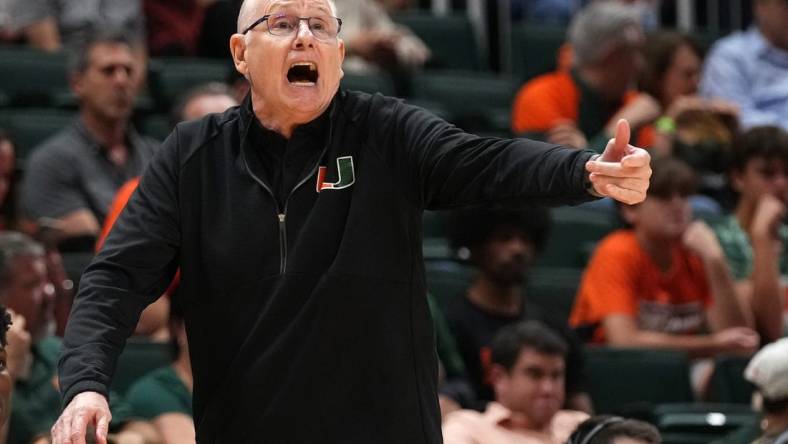 Nov 11, 2022; Coral Gables, Florida, USA; Miami Hurricanes head coach Jim Larranaga reacts during the second half against the UNC Greensboro Spartans at Watsco Center. Mandatory Credit: Jasen Vinlove-USA TODAY Sports